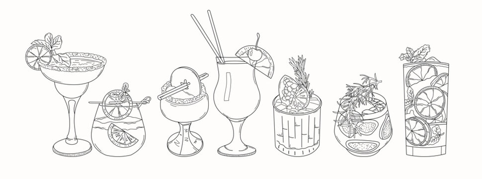 Hand drawn coctails vector, sketch coctails drink, coctails line art