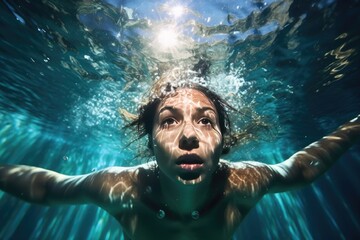 Girl swims underwater,bubbles in the water, clear water,face close-up,diving in the pool