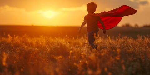 little boy running across the field in a superhero costume with a red cape silhouette at sunset.little boy in sunset dream run through.happy family kid concept. Summer vacation concept - obrazy, fototapety, plakaty
