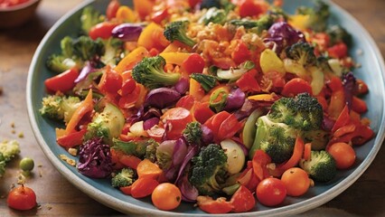 Celebrate the crispness of vegetables. Zoom in on a colorful mix of fresh, crunchy vegetables that bring vitality and crunch to a dish.

 - Generative AI - obrazy, fototapety, plakaty