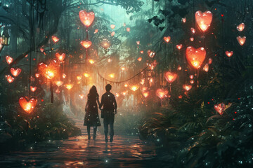 Two individuals holding hands and strolling through a lush garden adorned with heart-shaped lanterns