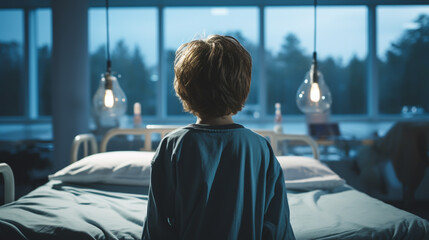 Back view of kid patient sitting on hospital bed looking out of window. Preteen sick boy sitting on bed in hospital ward.