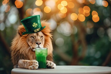 A little lion wearing a St Patrick's hat holding a green drink in a bokeh background. - obrazy, fototapety, plakaty