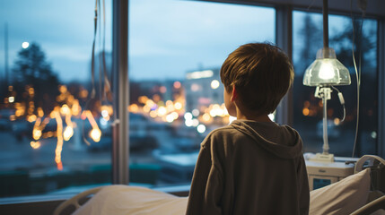 Back view of kid patient sitting on hospital bed looking out of window. Preteen sick boy sitting on bed in hospital ward. - obrazy, fototapety, plakaty