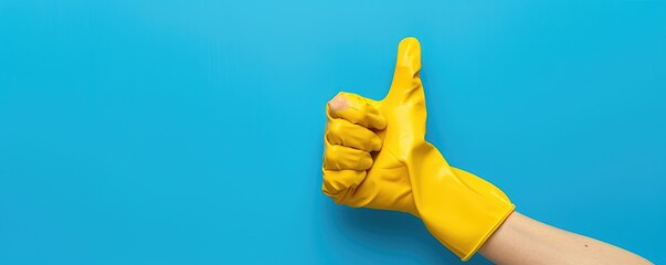 aaaaHand in yellow globe giving thumbs up on blue background. Approval and satisfaction in cleaning services concept. Design for banner, header with space for text. Spring cleaning - obrazy, fototapety, plakaty