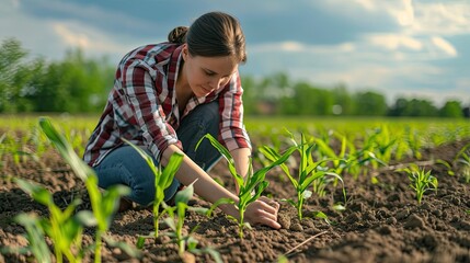 Farmer examining corn plant in field. Agricultural activity at cultivated land. Woman agronomist inspecting maize seedling