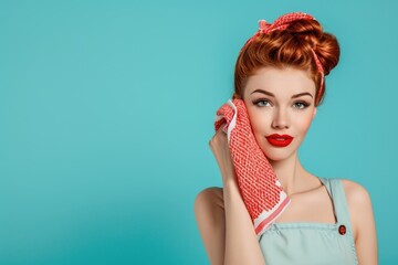 Pinup woman holding cleaning rag against simple turquoise background. Studio portrait. Spring...