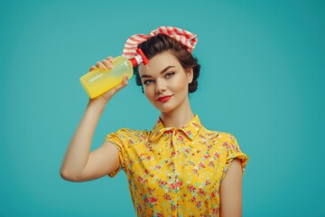 Woman in vintage attire holding a bottle of cleaning solution on turquoise background. Studio portrait for design, banner, poster. Spring cleaning concept. Retro style, pinup. Household and housework
