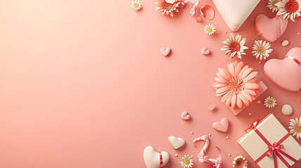 Fototapeta na wymiar Valentines day Background with copy space for text 3d love, heart and tiny flower blank space for text