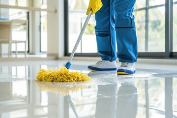 Janitor mopping floor with yellow mop in spacious hallway. Professional cleaning service. Spring...