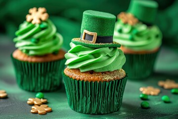 St Patricks day cupcakes with st Patricks hat. - obrazy, fototapety, plakaty