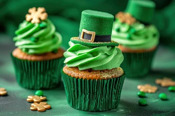 Deurstickers St Patricks day cupcakes with st Patricks hat. © People