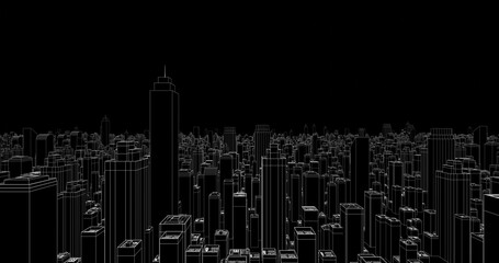 Panoramic aerial view of skyscrapers. Wireframe of urban cityscape. 3D rendering.