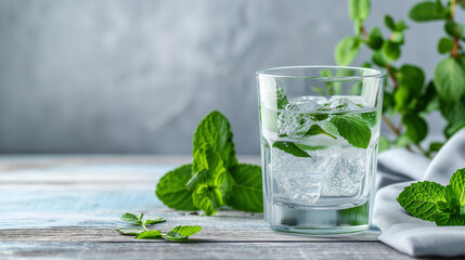 Glass of soda water and mint on white wooden table. Space for text, Generative AI