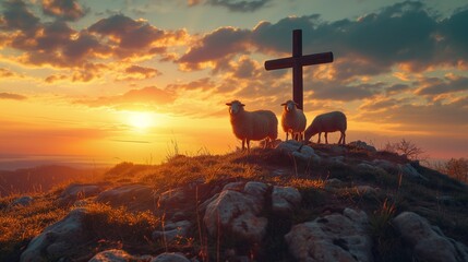 Flock of sheep on cross of Jesus christ and sunset background - obrazy, fototapety, plakaty
