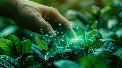 smart agriculture futuristic industry 4.0 technology concept, cyborg hand put to touch hand with green leaves with hud technology including artificial intelligence, 5g to analysis data of smart farm