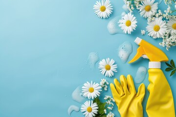 Yellow rubber gloves and spray bottle with flowers on a blue background. Flat lay composition with copy space. Spring cleaning concept for design, banner, poster
