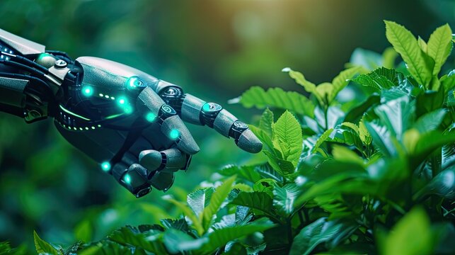 smart agriculture futuristic industry 4.0 technology concept, cyborg hand put to touch hand with green leaves with hud technology including artificial intelligence, 5g to analysis data of smart farm