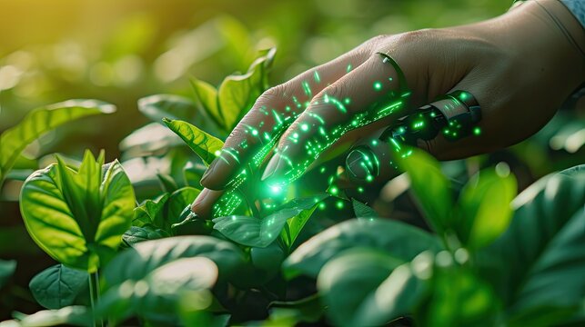 smart agriculture futuristic industry 4.0 technology concept, cyborg hand put to touch hand with green leaves with hud technology including artificial intelligence, 5g to analysis data of smart farm