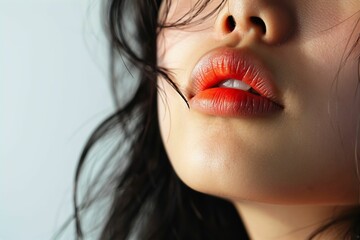 日本人女性の唇のパーツ写真（白背景・美肌・クローズアップ） - obrazy, fototapety, plakaty