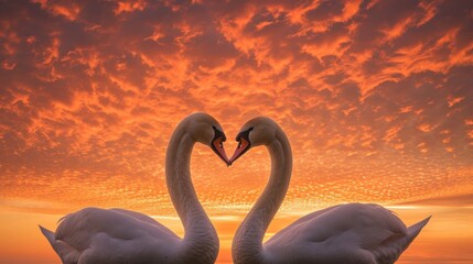Fototapeta premium Two swans making a heart shape at sunset forming a pattern of love