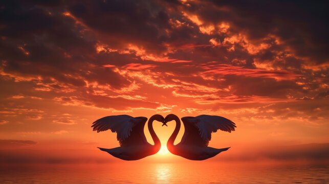 Two swans making a heart shape at sunset forming a pattern of love
