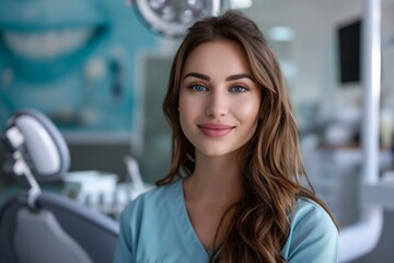 Portrait of young caucasian female dentist, standing in the office.