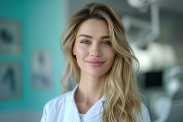 Portrait of young caucasian female dentist, standing in the office.