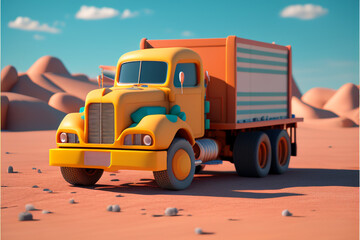 Fototapeta premium Huge colorful truck with heavy and dangerous cargo. Stylized, cartoony, fun 3D model. Transportation, heavy cargo, van, truck, trailer.