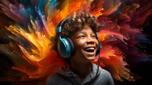 Cute little girl listening to music in headphones on bright background.