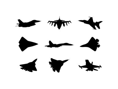 Set of Fighter Jet Silhouette in various poses isolated on white background
