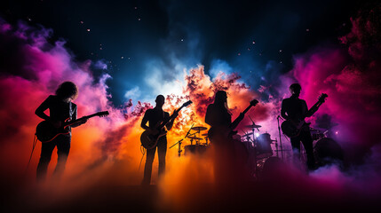 Band Silhouette. View of stage during rock concert with musical instruments and scene stage lights, rock show performance. Electric guitar. - obrazy, fototapety, plakaty