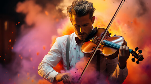 Beautiful man playing violin. Male violinist against dark colors background with colorful smoke.