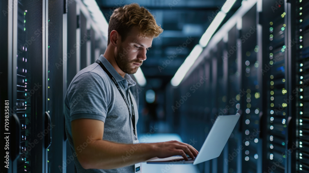 Poster focused it professional using a laptop while standing in a server room with racks of network equipme