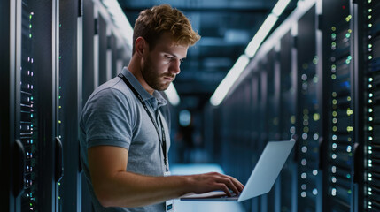 Focused IT professional using a laptop while standing in a server room with racks of network equipment illuminated by blue lights