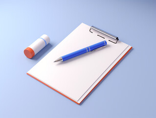 a desk, a checklist, a pen, electric white background, minimalist, 3D created with Generative Ai