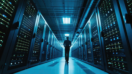 Silhouette of a person standing in the middle of a data center aisle, flanked by server racks with glowing lights - obrazy, fototapety, plakaty