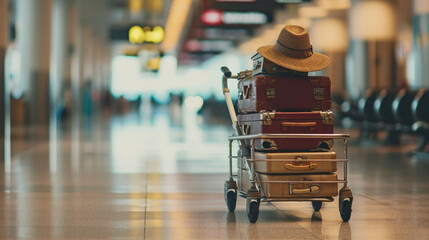 Stack suitcases of varying sizes and colors with a straw hat on top, placed on a luggage trolley - obrazy, fototapety, plakaty
