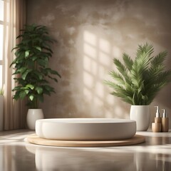 Round podium in bathroom interior background with plants and towels. Scene stage showcase for beauty and spa products cosmetics promotion sale or advertising.