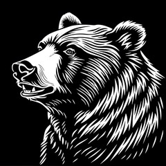 Hand drawn bear in a minimal linocut style. Black and white graphic illustration isolated on white background