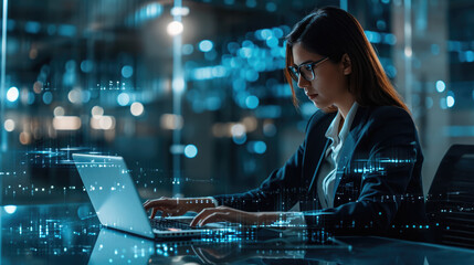 Woman is working intently on a laptop in a dark office environment, surrounded by glowing digital graphics and interface elements