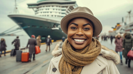 Portrait of a woman at the cruise ship dock.  - obrazy, fototapety, plakaty