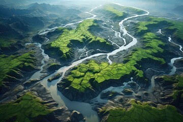 Fototapeta premium Aerial View of Serpentine Rivers Through Mountains