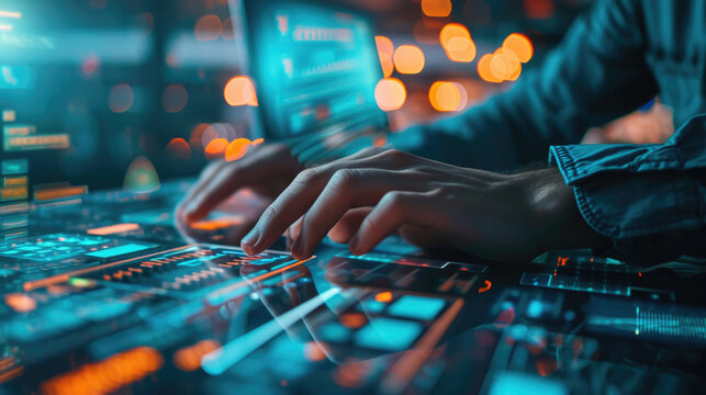 Close-up of a person's hands typing on a laptop keyboard, with the screen displaying futuristic digital data graphics