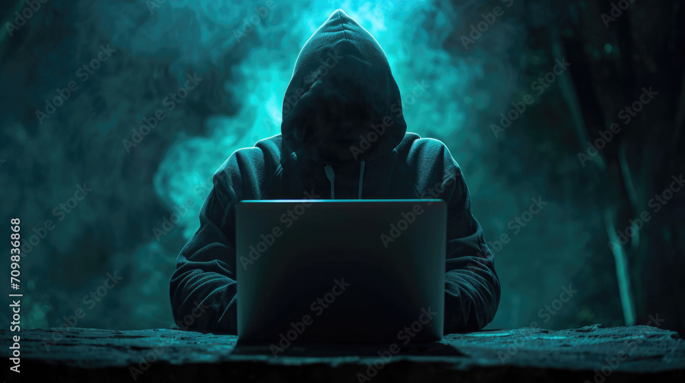 Canvas Prints silhouette of a mysterious figure in a hoodie, facing away from the camera, illuminated by the blue 