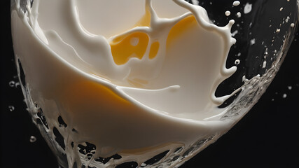 one Glass of milk liquid splashes on black background