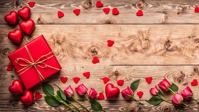 The concept of Valentine Day. red hearts, gifts box on wooden background.
