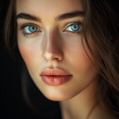 Young attractive woman looking on camera over black background, ai technology