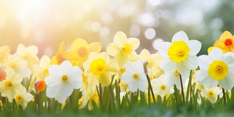 website banner showing beutiful spring flowers - generative ai - obrazy, fototapety, plakaty