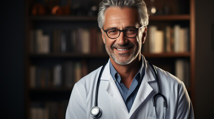 Smiling doctor standing in medical practice - obrazy, fototapety, plakaty